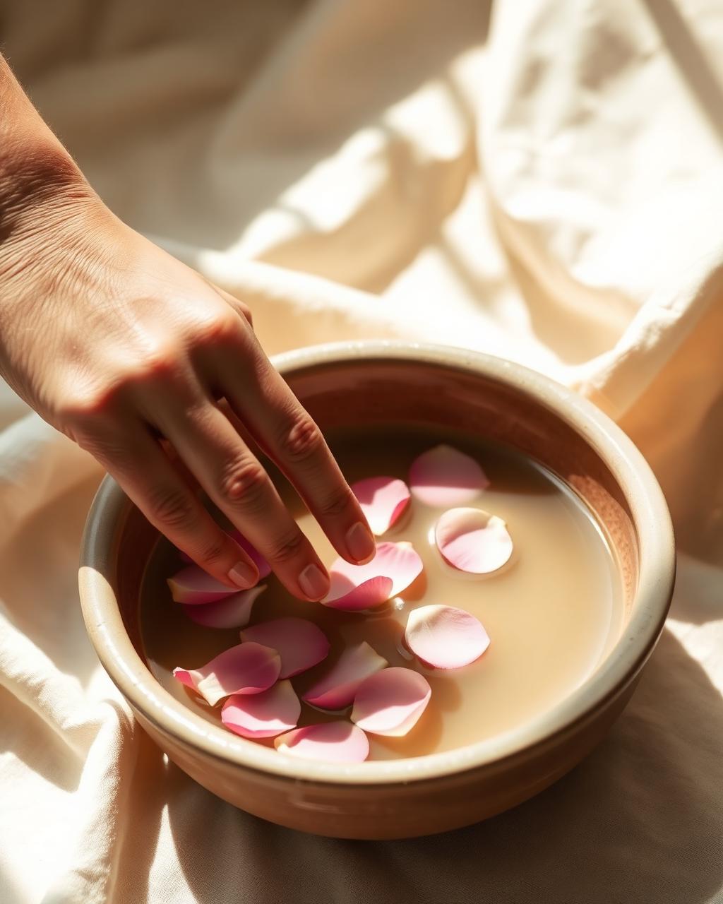 A hand resting in a ceramic bowl of warm rose-petal water